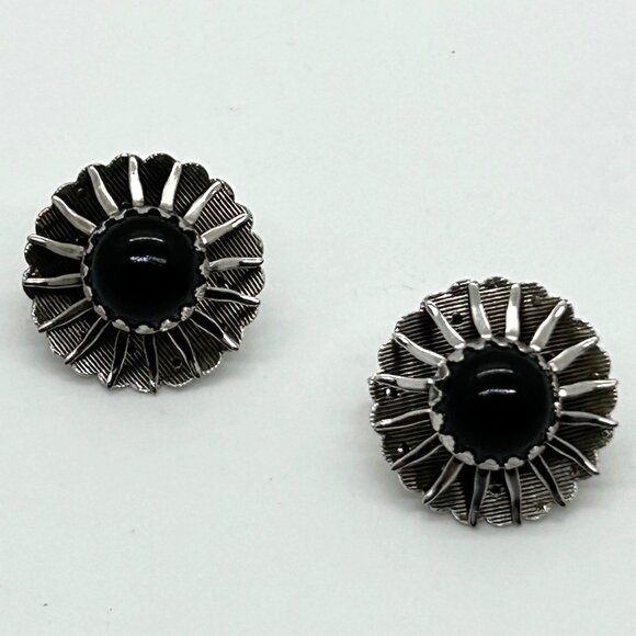 Sarah Coventry Vintage "Black Beauty" Silver-Tone Clip-On Earrings W/ Black Cabo - Picture 1 of 10